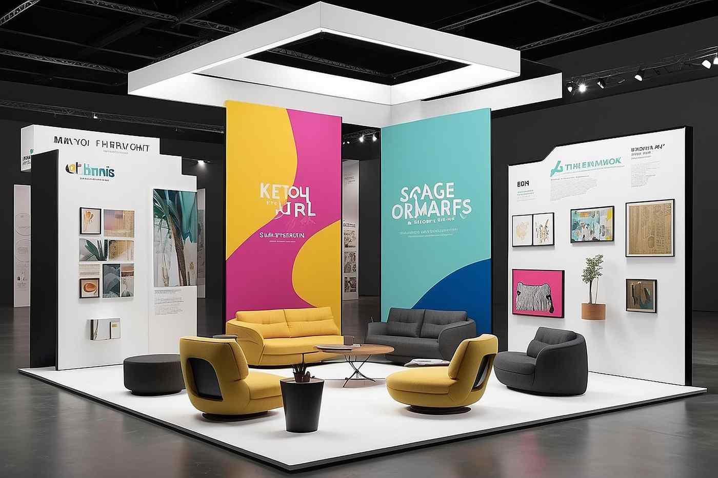 Stand corporativo elegante en feria del País Vasco con diseño modular y gráficos de marca, iluminación de evento
