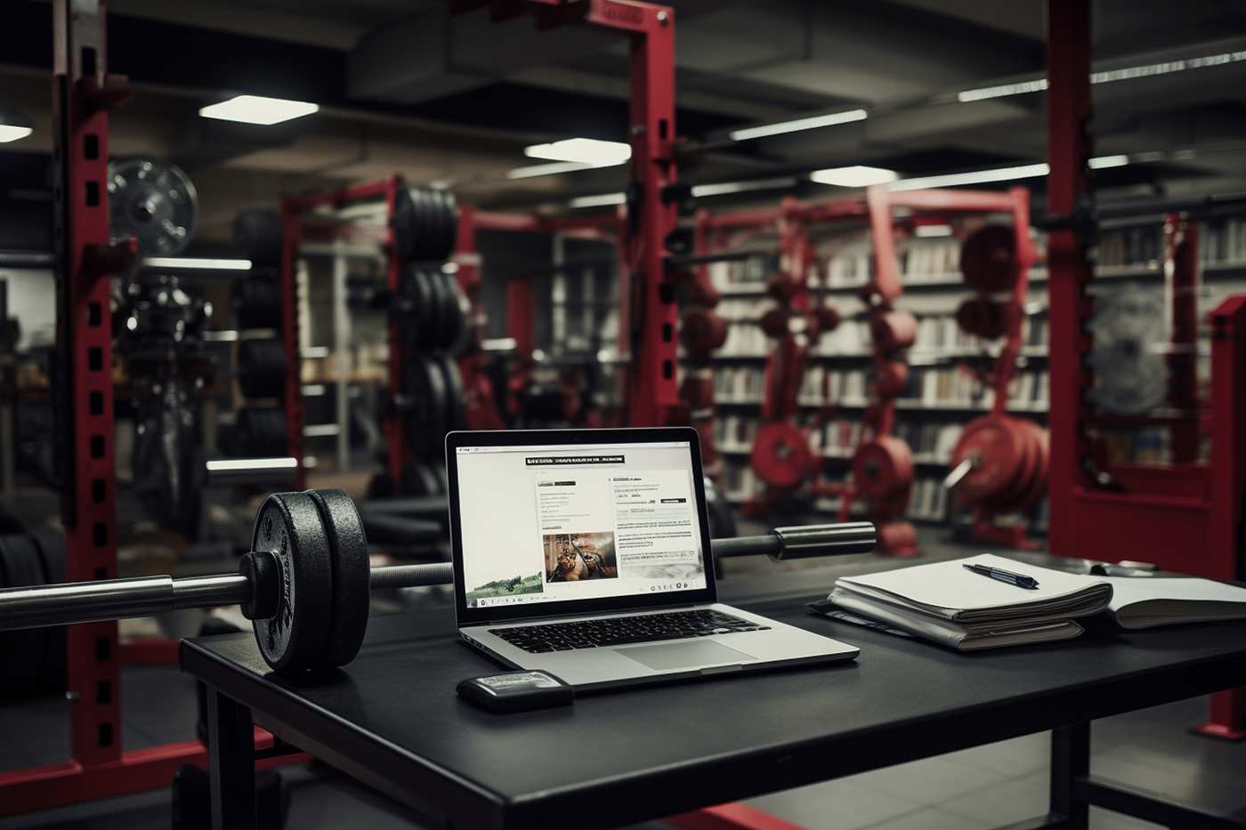 Interior moderno de gimnasio en Vitoria con equipamiento y recepción con portátil mostrando web del centro