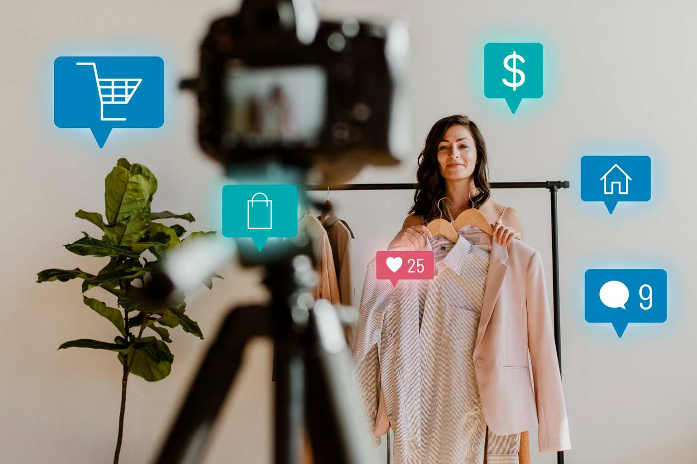Interior de boutique de moda en Vitoria con perchas y ropa, propietaria revisando Instagram en smartphone