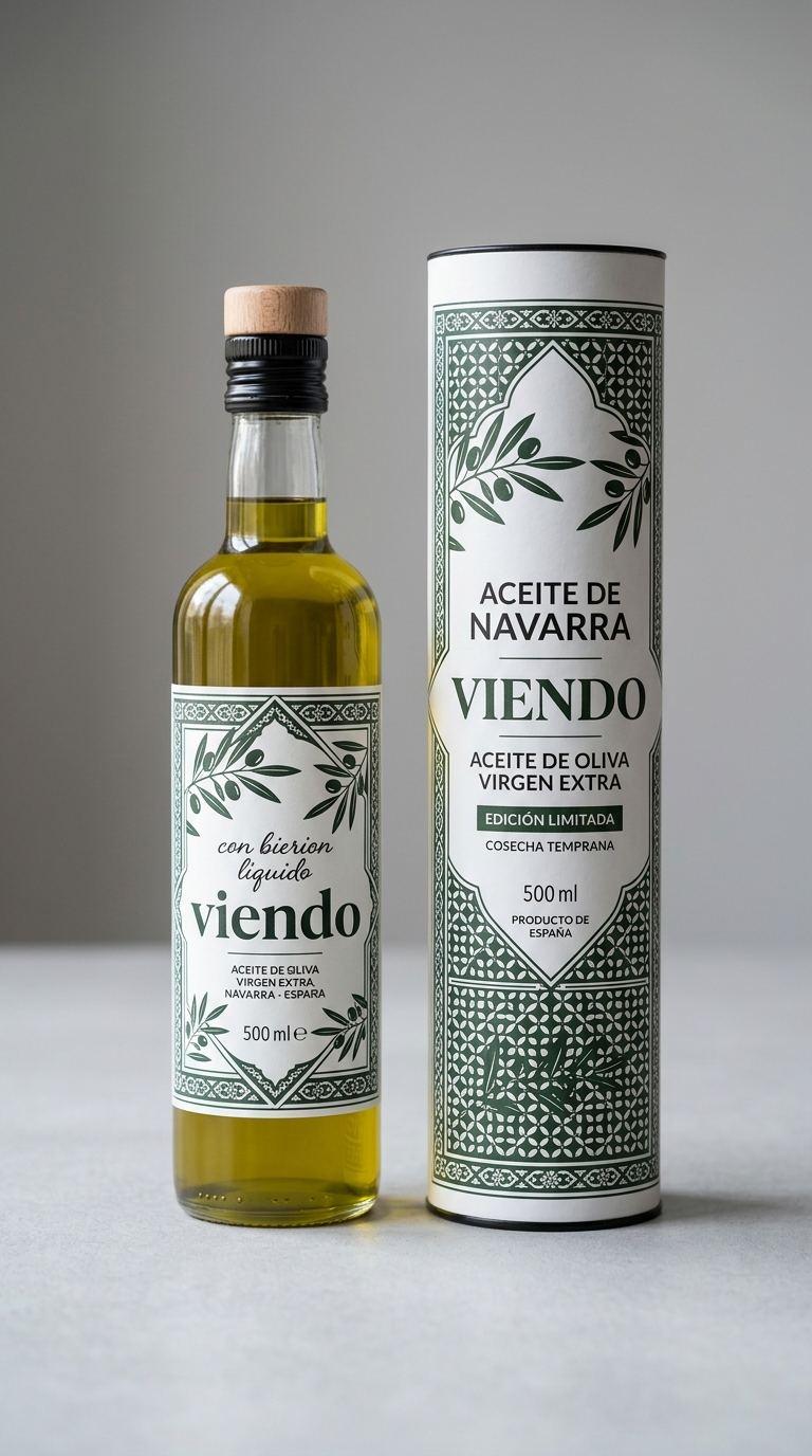 Diseño de packaging en Vitoria: botella y estuche de aceite de oliva virgen extra