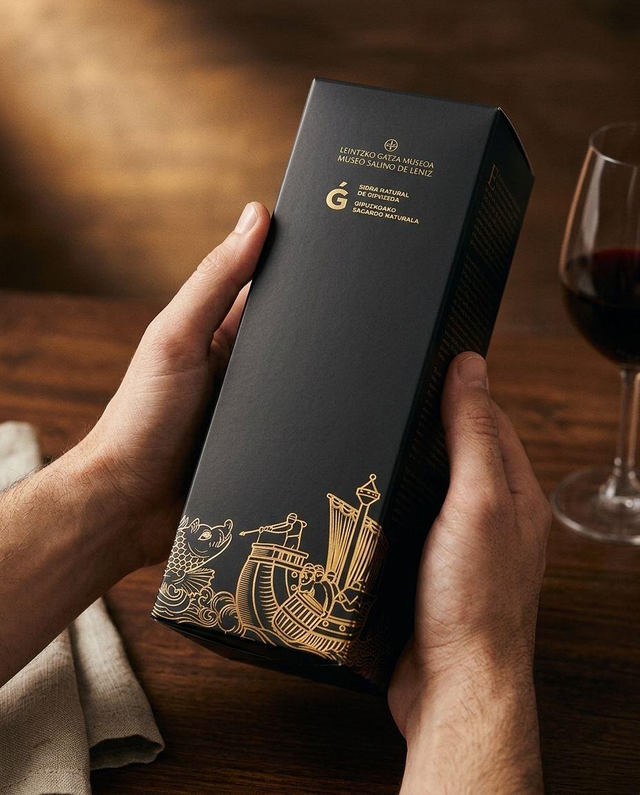 Diseño de packaging en Vitoria: estuche gourmet con estampación en oro