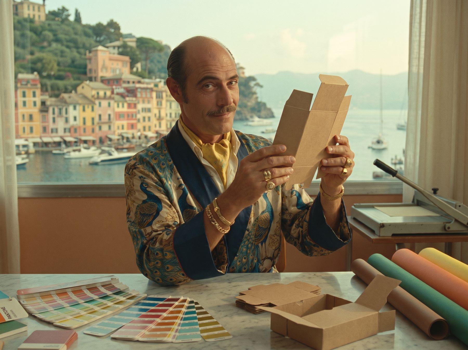 Diseñador revisando una maqueta de estuche de cartón con guías Pantone: agencia de diseño de packaging en Vitoria, La Factoría Gráfica